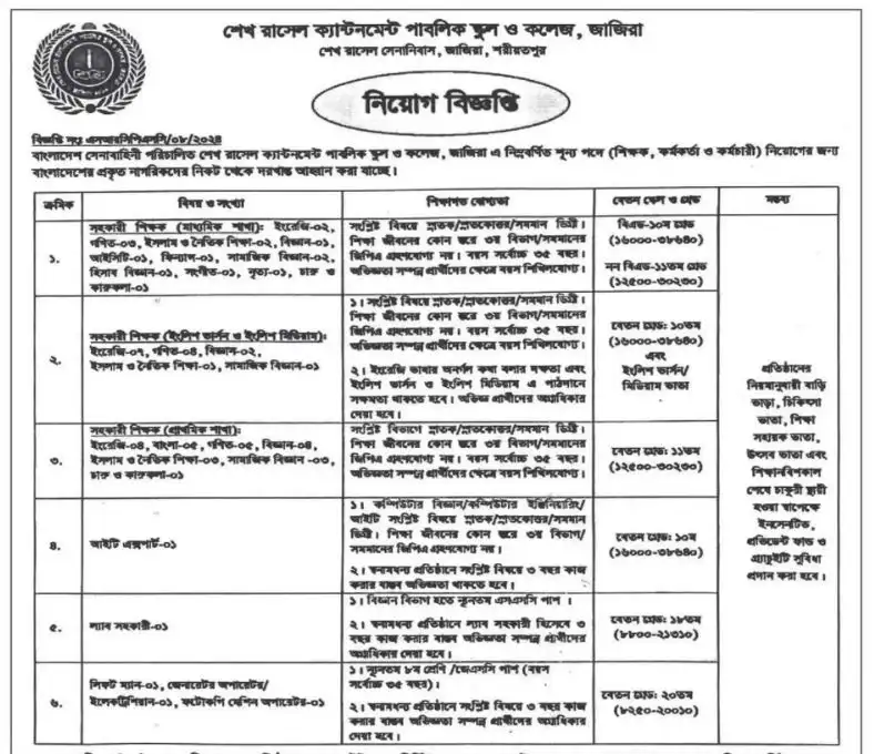 Sheikh Russel Cantonment Public School and College Job Circular 2024