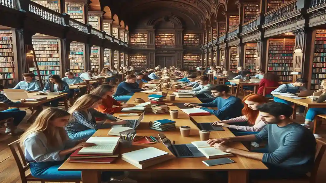 Students are reading about William Shakespeare in a huge library